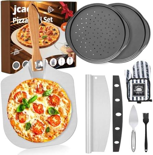 Pizza Peel Pizza Pan Set, 7Pcs Pizza Oven Accessories, 12 Inch Metal Paddle (12"x 14") with Foldable Wooden Handle, 2 Pizza Pans, Rocker Cutter, Pizza Server, Oven Mitts, Oil Brush