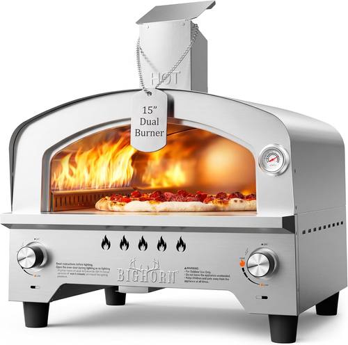 BIG HORN Gas Pizza Oven, Portable Propane Pizza Oven with 15 inch Pizza Stone, Stainless Steel Pizza Maker for Outdoor Cooking