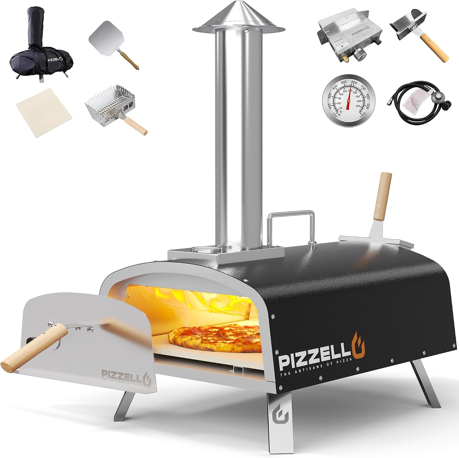 PIZZELLO 16" Outdoor Pizza Oven, Propane &amp; Wood Fired Steel Pizza Grill