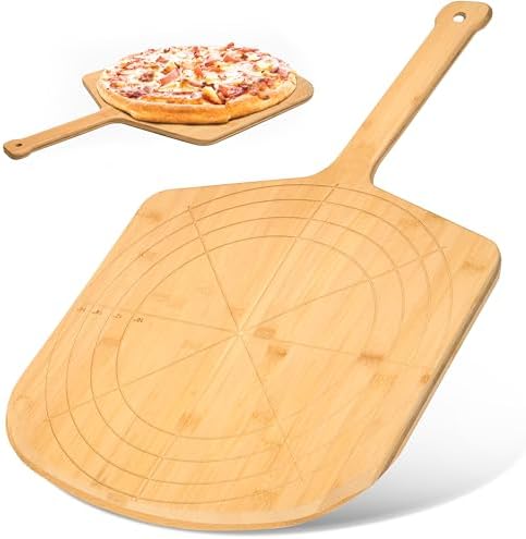 Loftern Wooden Pizza Peel 16 Inch Board with Engraved Sizes - Multi-Purpose Bamboo Pizza Cutting Board, Wood Pizza Peel, Pizza Spatula Paddle, and Serving Board with Size and Cutting Guide