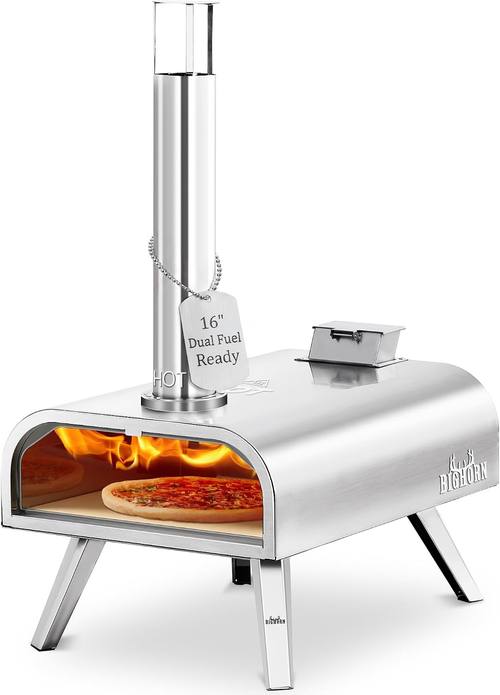 BIG HORN OUTDOORS 16" Multi-Fuel Outdoor Pizza Oven – 2-in-1 Wood-Fired & Gas...