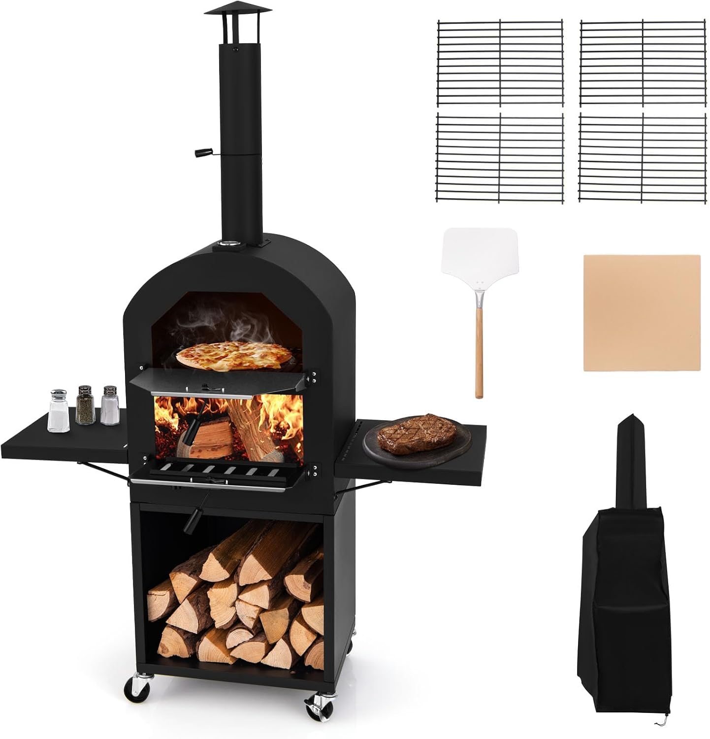 HAPPYGRILL Outdoor Wood Fired Pizza Oven w/Firewood Storage &amp; Side Shelves