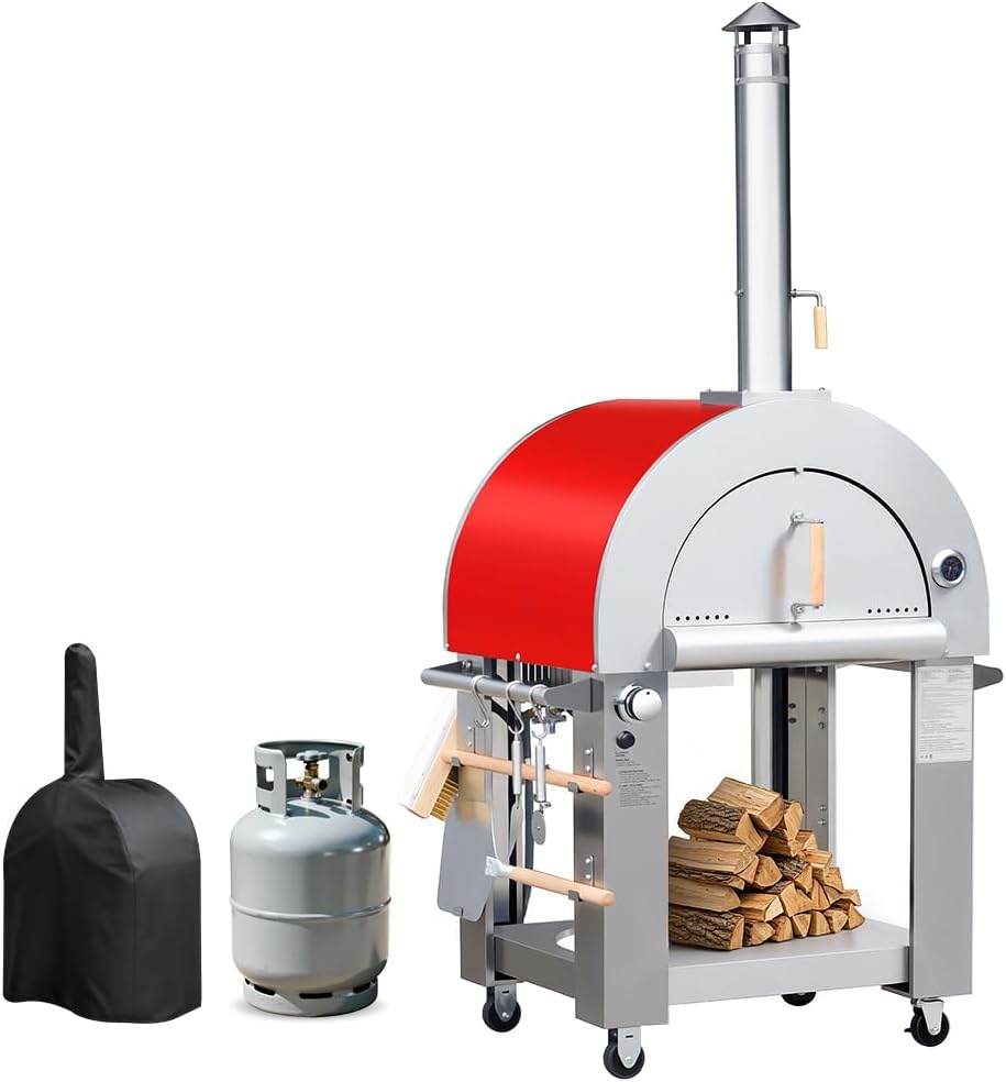 KOSTCH 32.5 inch Wood Fired and Propane Gas Pizza Oven for Outdoor Kitchen in Stainless Steel, Large Pizza Oven for Outside, Yard and Party (Red with Cover)