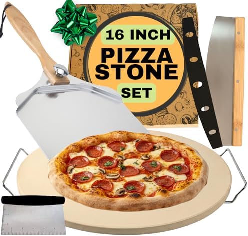 Round Pizza Stone for Oven 16 inch - Large Pizza Stone with Handles, Metal Pizza Peel, Pizza Cutter and Dough Tool - Baking Stone for Oven Bread - Thick Durable Cordierite Baking Stones