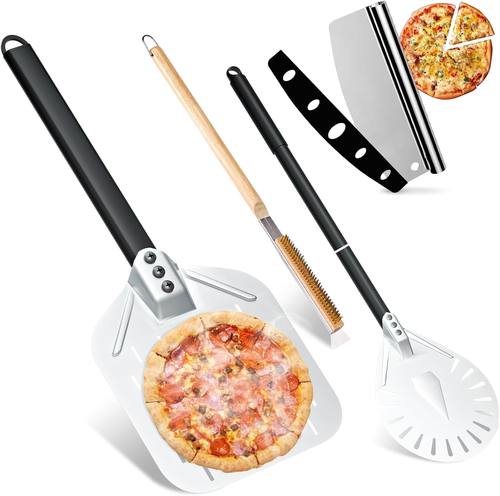 4-Piece Pizza Oven Accessories Kit, Includes 12 Inch Perforated Pizza Peel, 9 Inch Round Pizza Turning Peel, Oven Brush with Scraper and Rocker Cutter, Pizza Spatula Paddle Set for Home Pizza Making