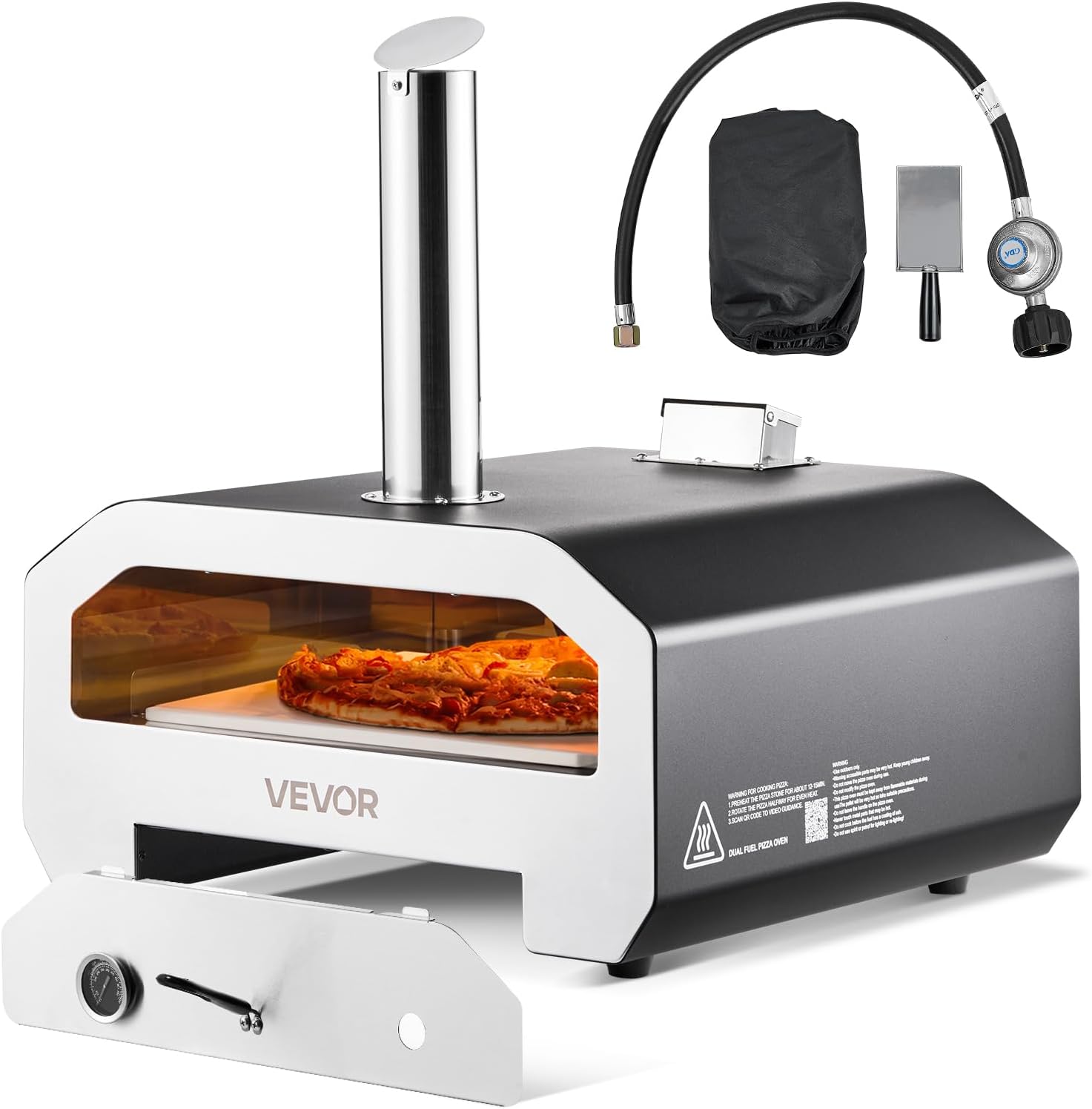 VEVOR Dual Fuel Pizza Oven Outdoor, 16 inch wood fire and propane gas pizza oven with thermometer