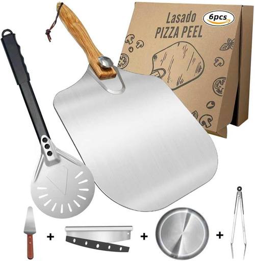 Pizza Peel and Pan Set, 6 Piece Pizza Oven Accessories, 12 Inch Metal Pizza Paddle with Foldable Wooden Handle, 8 Inch Metal Peel, Rocker Cutter, Server, Stainless Steel Plates and Tongs