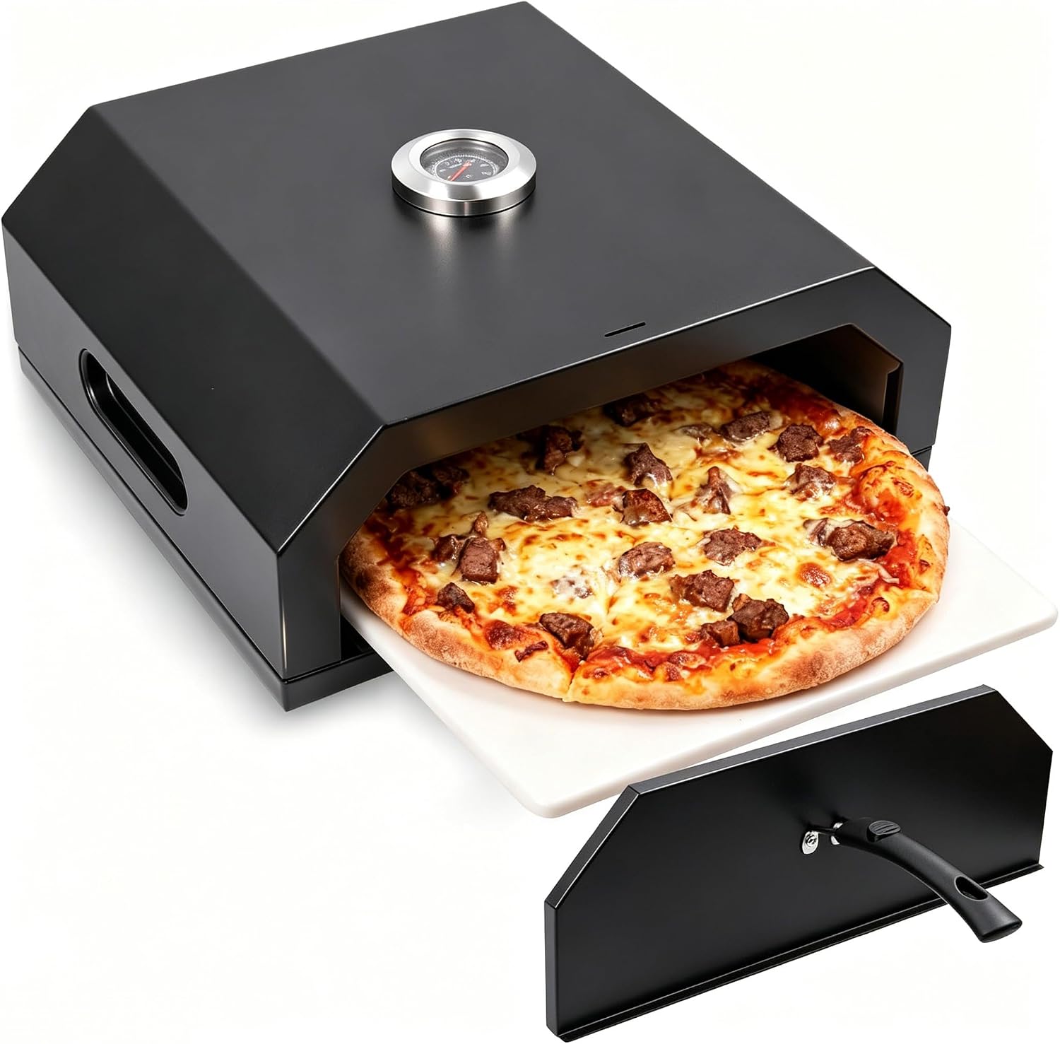 Grill top pizza oven with iron baffle and built-in thermometer