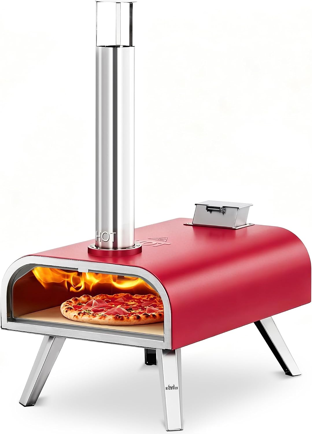 BIG HORN 16" Multi-Fuel Outdoor Pizza Oven – 2-in-1 Wood-Fired & Gas Compatible (Burner Sold Separately), 1112°F Outdoor Stainless Pizza Cooker, Portable for Party Usage, Red